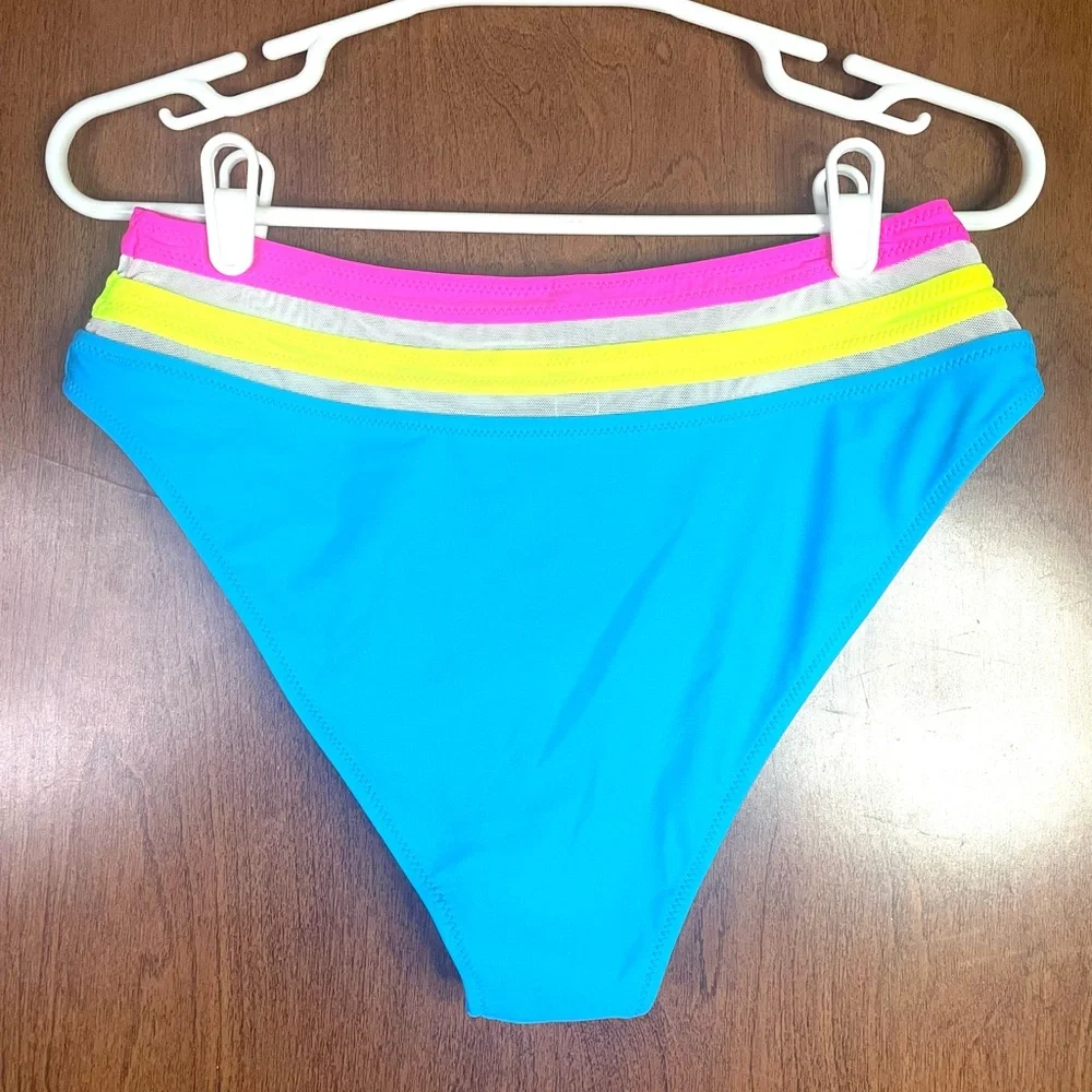 POPVIL Swim Bikini Bottom High Leg Waist Neon Turquoise Pink Yellow Med NEW NWT